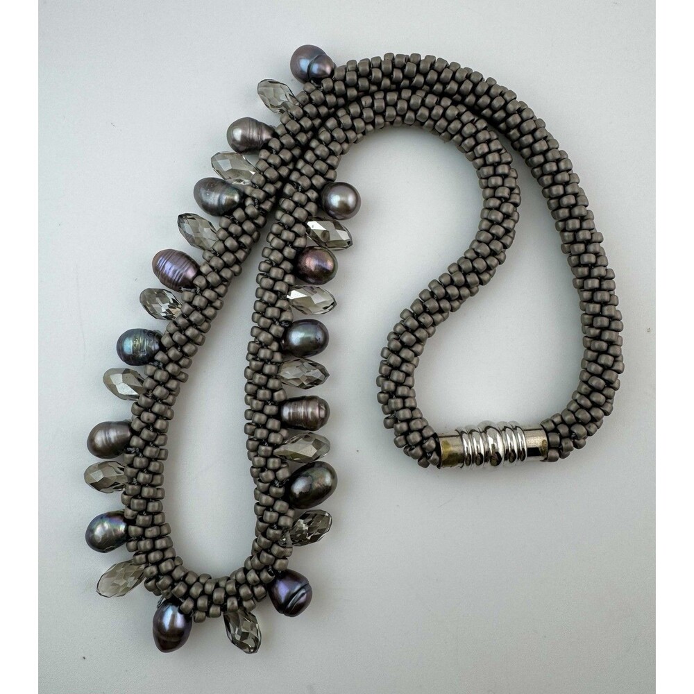 Peacock Pearl Oil Slick AB Crystal Necklace Torsade Glass Seed Bead 19” Artisan